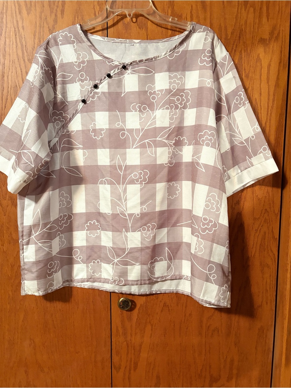 SHEIN Lavender and White Gingham Floral Short Sleeve Tunic Top